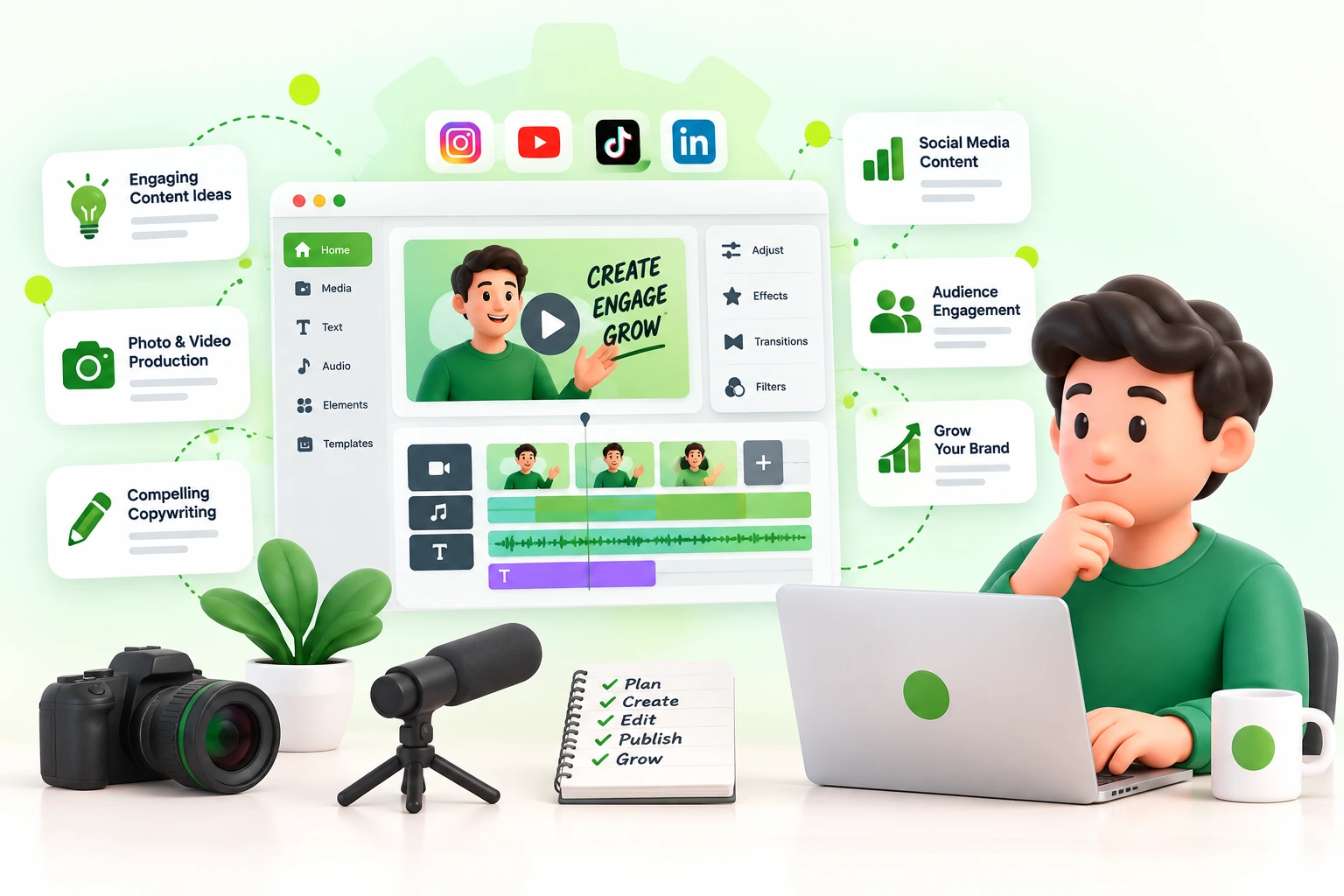 Content creation workspace with social media, video editing and campaign planning tools Content creation workspace with social media, video editing and campaign planning tools