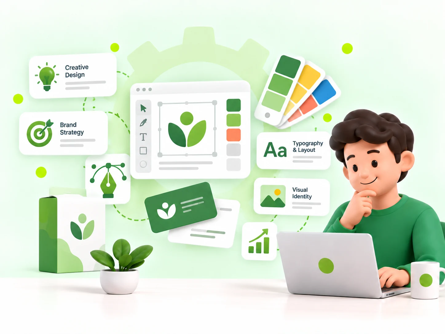 Brand design workspace with colour palettes, typography and social creative layouts