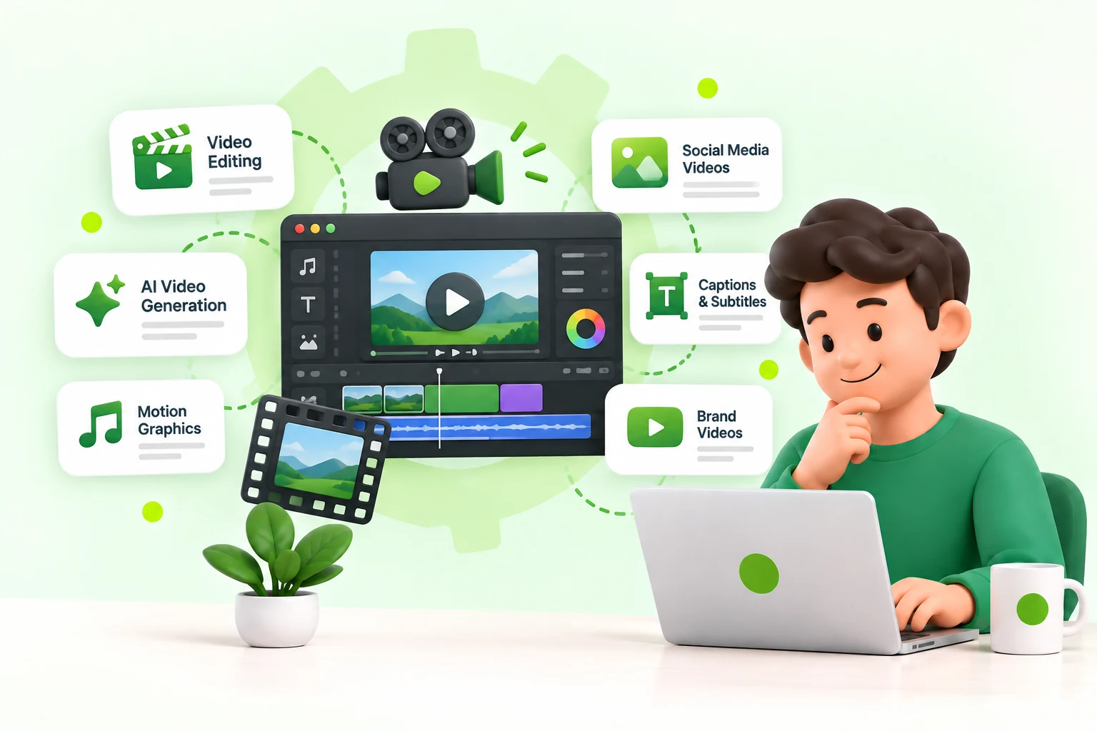 Video editing timeline with motion graphics, captions and AI-generated scene previews